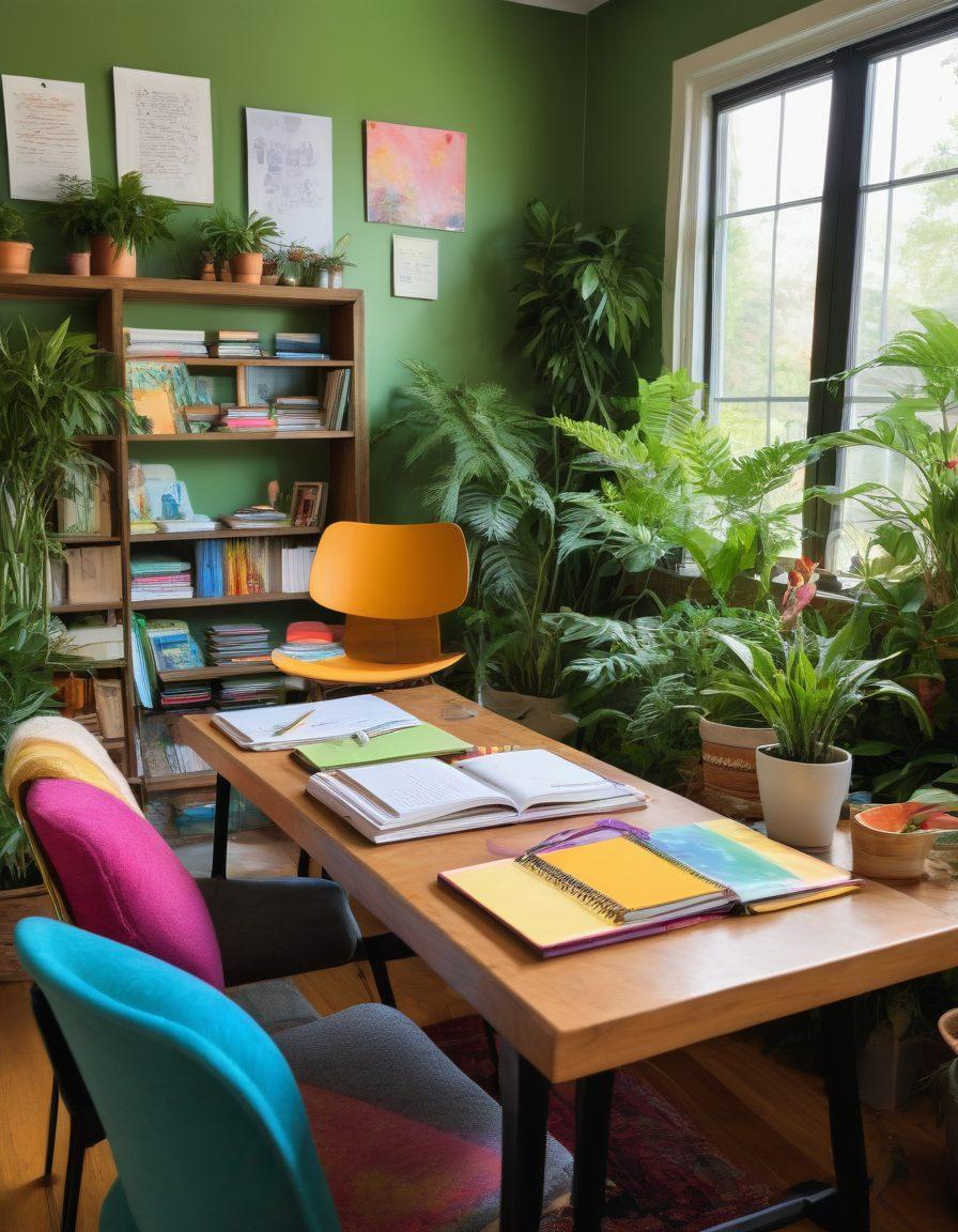 A vibrant and inviting communal space filled with diverse individuals engaging in creative activities like journaling, crafting, and digital storytelling. Colorful notebooks, laptops, and art supplies scattered around, creating a warm atmosphere that promotes connection and inspiration. The background features lush greenery and cozy seating areas, symbolizing community and growth. Illustrative, with a soft, inviting color palette. bright and cheerful.