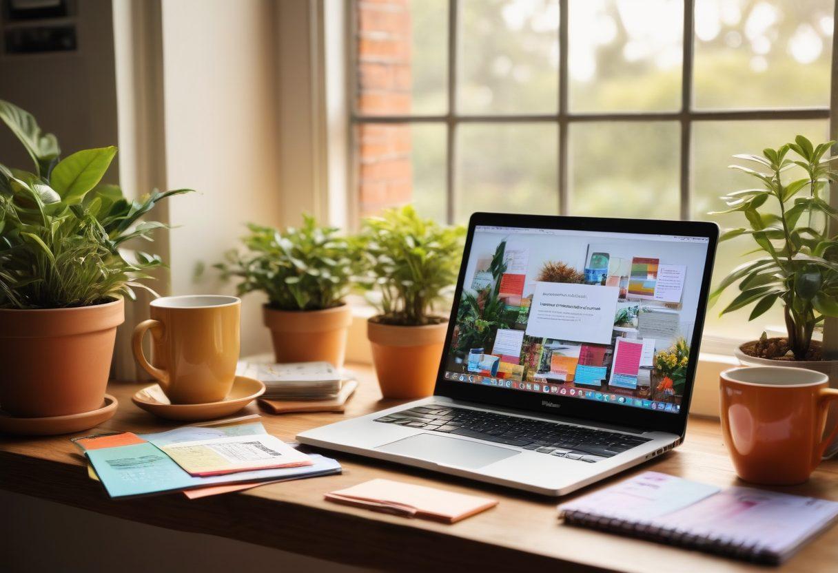 A cozy workspace with an open laptop displaying a vibrant online journal, surrounded by colorful stationery and inspirational quotes on sticky notes. A cup of steaming coffee sits beside it, creating a warm, inviting atmosphere. Bright sunlight streams through a window, illuminating a thriving indoor plant, symbolizing growth and creativity. The scene conveys a sense of community and inspiration. super-realistic. vibrant colors. warm tones.