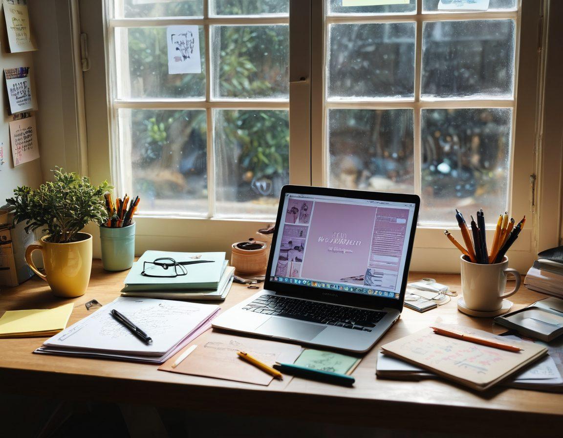 A beautiful and serene workspace featuring an open online journal on a laptop, surrounded by creative tools like colorful pens, sticky notes, and a steaming cup of coffee. Soft sunlight filters through a window, illuminating the pages with handwritten thoughts. In the background, a vision board filled with inspiring quotes and images adds a touch of motivation. Artistic style: super-realistic. vibrant colors. cozy atmosphere.